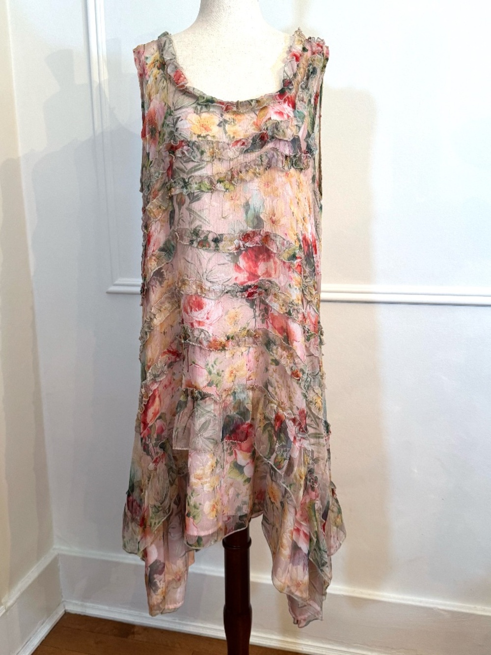 Johnny Was Love Silk Floral Ruffle Dress Handkerchief Hem Drop Waist Blush XL